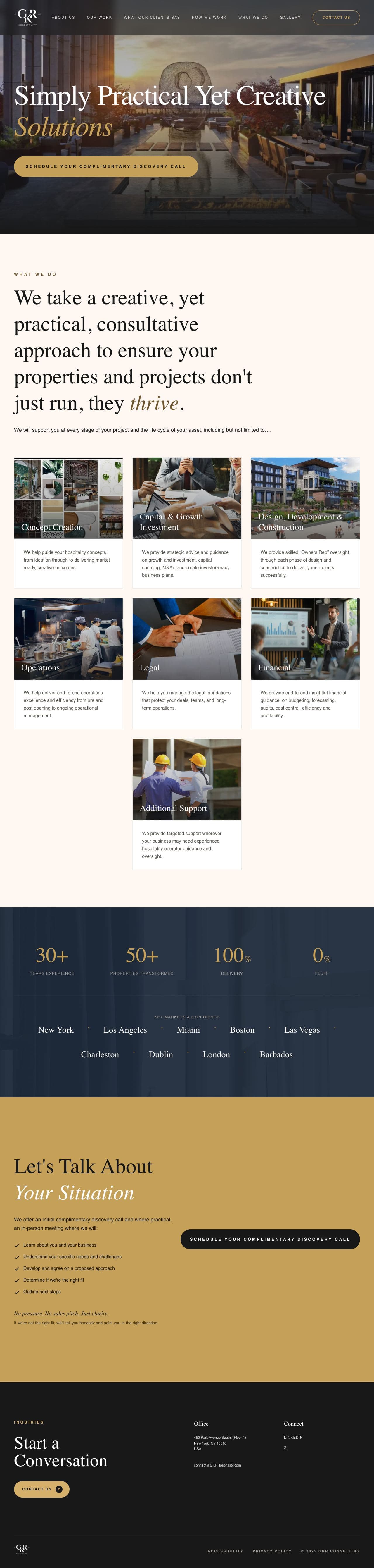 The full GKR Hospitality home page, from the rooftop hero through the seven areas of support and the invitation to a discovery call, down to the contact footer.